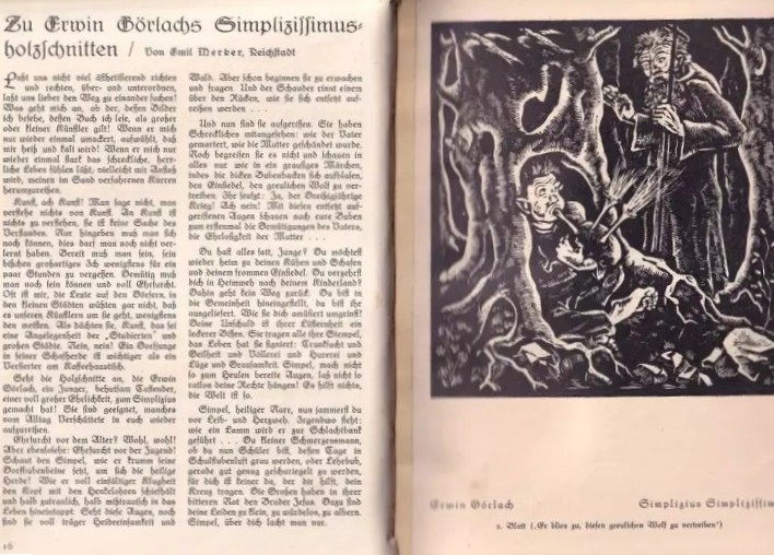 Illustration mit Holzschnitt von Erwin GÃ¶rlach, das einen alten Mann zeigt, der einen jÃ¼ngeren Mann in einem Wald anspricht, wÃ¤hrend der jÃ¼ngere Mann sich am Boden befindet.